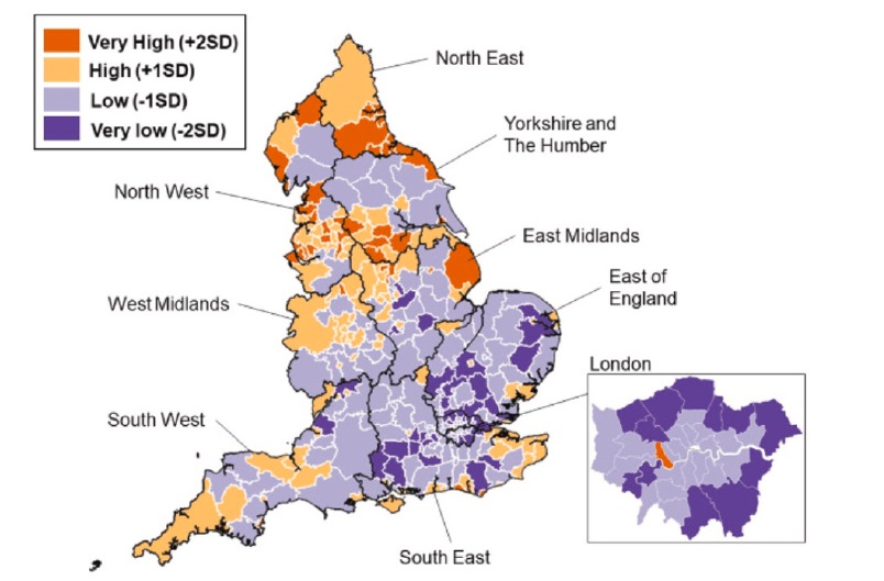 A map showing the standardised rates of “deaths of despair”