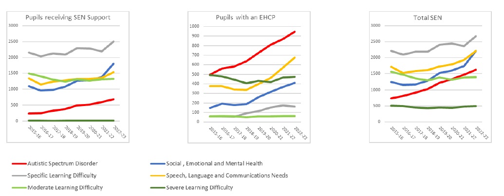 A graph showing the numbers of pupils in Cumbria identified with particular Special Educational Needs