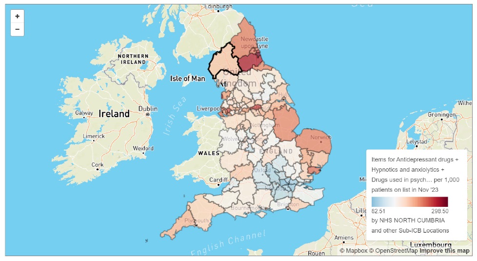 Prescribing of mental health medications by ICB sub-region (North Cumbria has been highlighted)