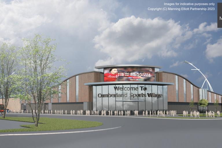 An artist’s impression of how the new Cumberland Sports Village may look. It is brick and silver in colour, with a tall floodlight scaffold, and a big screen above the entrance signage. There is a public space in front with pedestrians and a drop-off area for coaches.