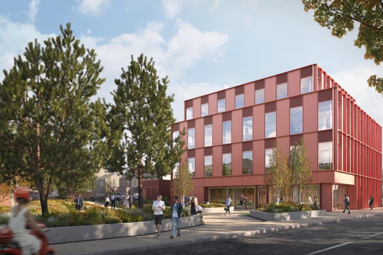 An artist’s impression of the new Innovation Centre building which is reddish brown in colour and has long windows. It is set among pedestrian walkways and landscaping.