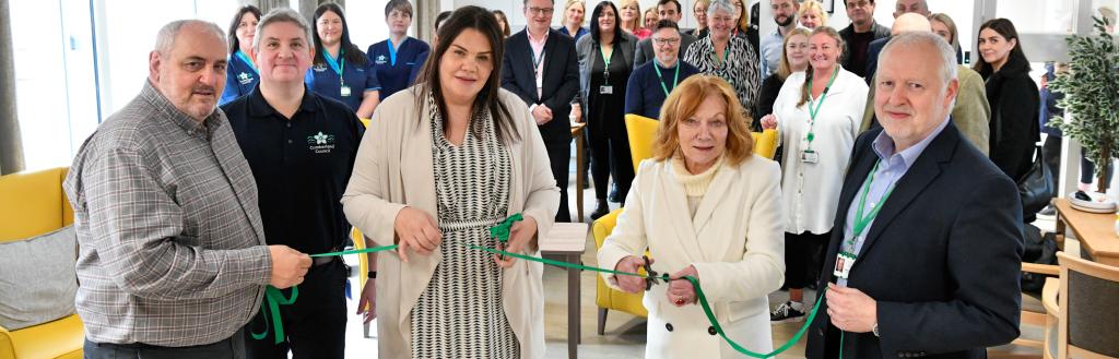 Eskdale House ribbon cutting - left to right: Cllr Mark Fryer - Council Leader, Nick Hewetson-Jones - Eskdale House Registered Manager, Cllr Lisa Brown - Executive Member for Adults and Community Health, Cllr Carni McCarron-Holmes - Chair, Cumberland Council Chief Executive - Andrew Seekings.