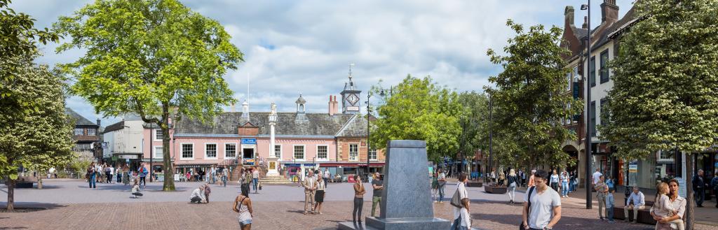 An artist impression of how Carlisle city centre will look after the works are complete.  Looking at the Old Town Hall with the relocation of the war memorial with the support of the British Legion