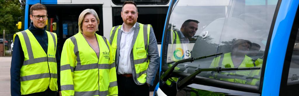 Images feature left to right: Graeme Innes - Senior Manager - Infrastructure Planning and Transport, Cumberland Councillor Denise Rollo, Executive Member for Sustainable, Resilient and Connected Places  and Tom Waterhouse, Managing Director of Stagecoach